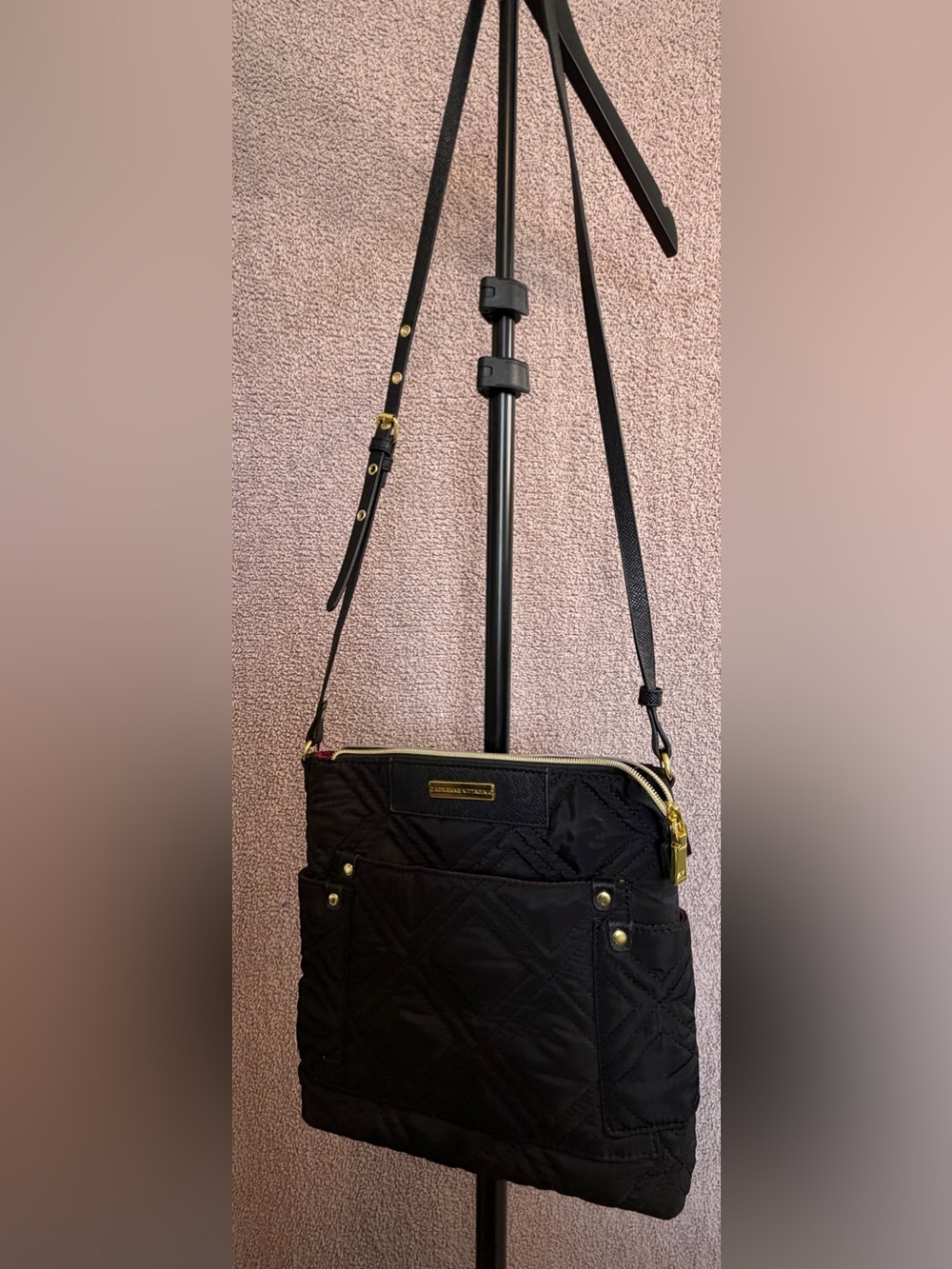 Adrienne Vittadini Black Quilted Nylon Crossbody Bag Gold Hardware